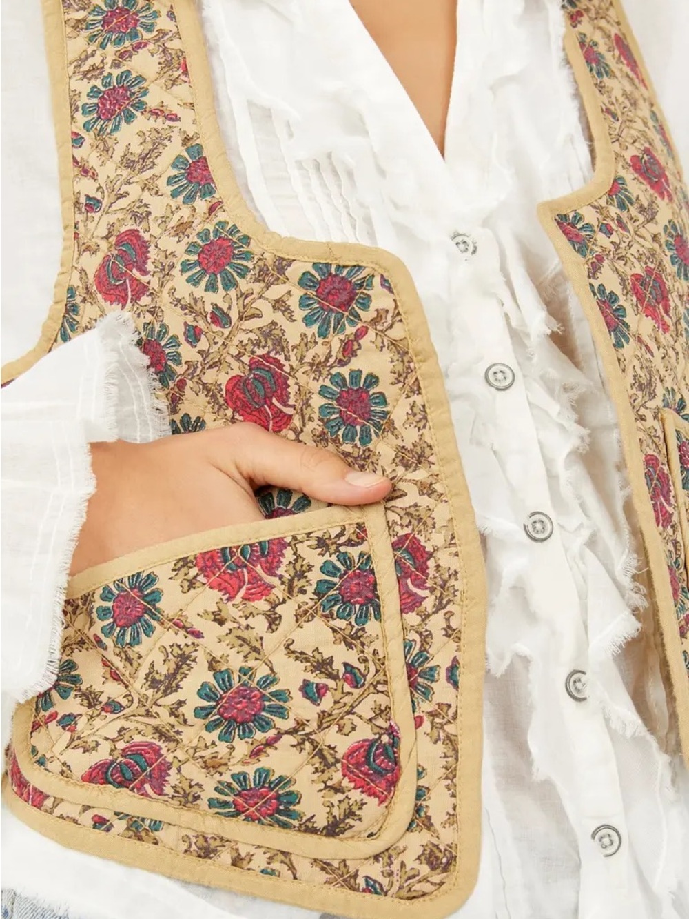 Free People Quilted Vest in Beige with Black Stitching - Picture 3 of 4
